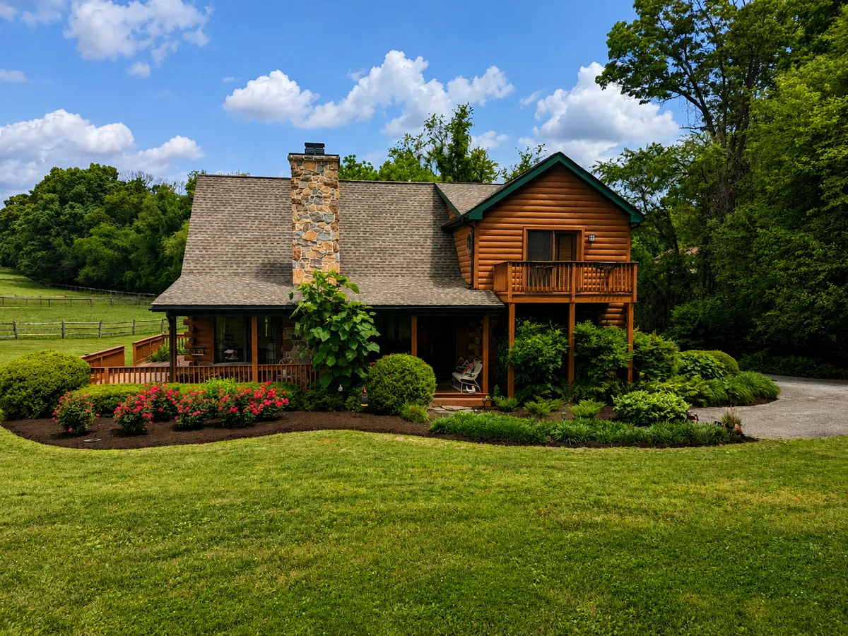 Log home with mature landscaping, flowering shrubs and a manicured green lawn