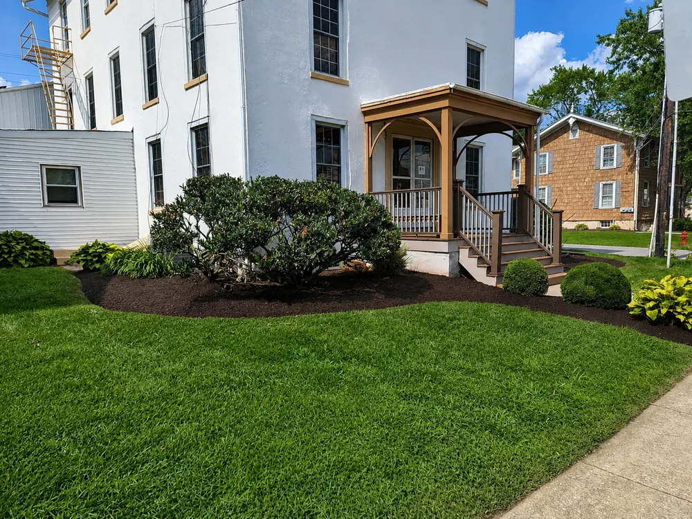Freshly mulched bed with sculpted shrubs framing a home entrance