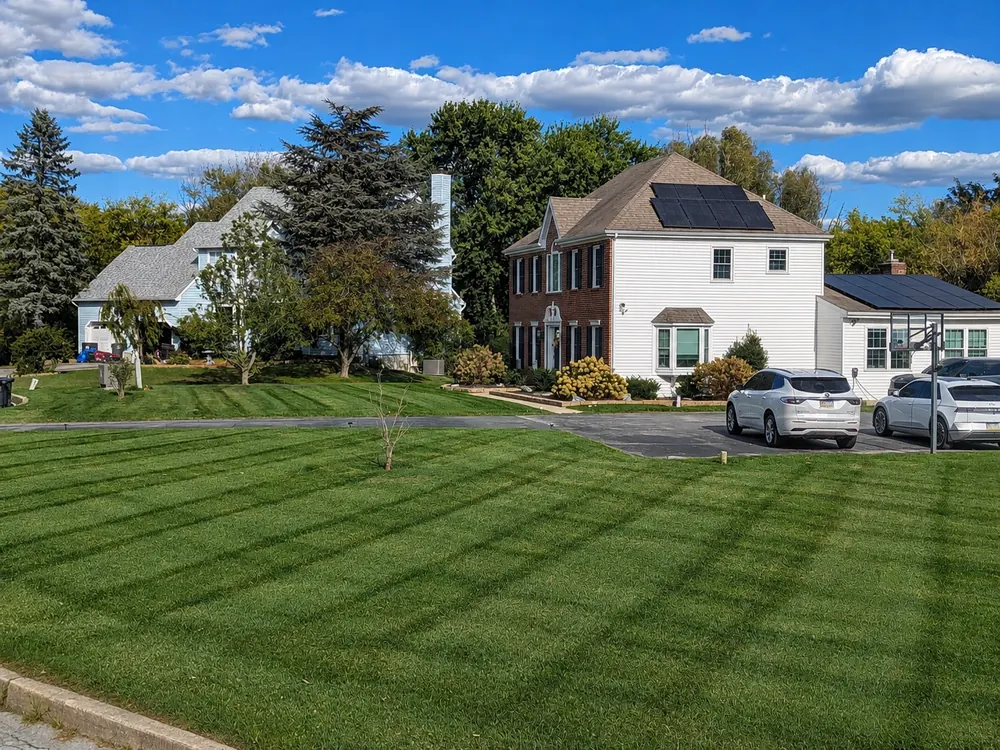 Striped front lawn under a blue sky with a colonial home behind
